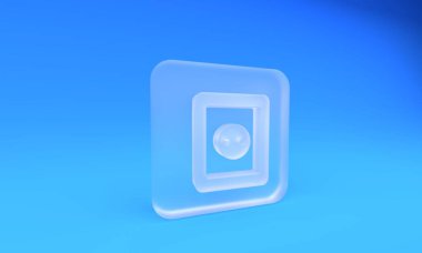 Buzlu cam elektrik çıkış simgesi mavi arkaplanda izole edilmiş. Elektrik prizi. Rosette sembolü. Kare buzlu cam düğme. 3 Boyutlu resimleme.