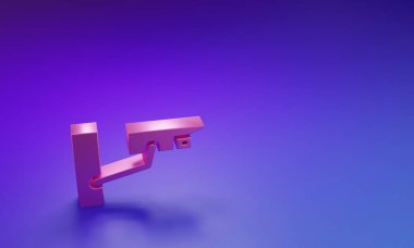 Mor-mavi arka planda izole edilmiş pembe güvenlik kamerası simgesi. Minimalizm kavramı. 3 Boyutlu resimleme.