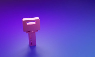 Uzaktan kumandalı pembe araba anahtarı mor-mavi arka planda izole edilmiş. Araba anahtarı ve alarm sistemi. Minimalizm kavramı. 3 Boyutlu resimleme.