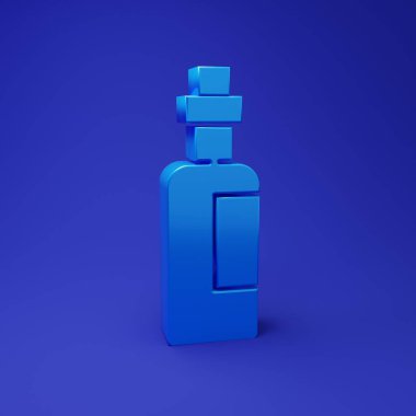 Mavi arka planda mavi zeytinyağı ikonu var. Zeytinyağı ikonlu sürahi. Minimalizm kavramı. 3 Boyutlu resimleme.
