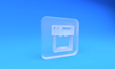 Buzlu cam kahve makinesi ikonu mavi arka planda izole edilmiş. Kare buzlu cam düğme. 3 Boyutlu resimleme.