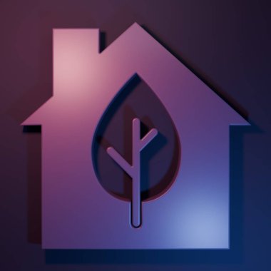 Mor çevre dostu ev ikonu, mor-mavi arka planda izole edilmiş. Yapraklı eko ev. Minimalizm kavramı. 3 Boyutlu resimleme.