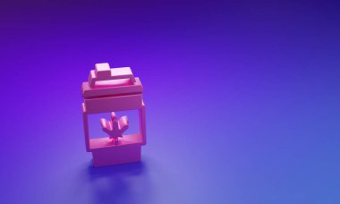 Pembe kahve fincanı mor-mavi arka planda izole edilmiş bir ikon haline gelecek. Minimalizm kavramı. 3 Boyutlu resimleme.
