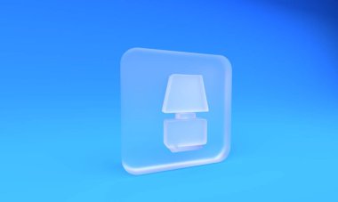 Mavi arkaplanda izole edilmiş buzlu cam masa lambası ikonu. Kare buzlu cam düğme. 3 Boyutlu resimleme.