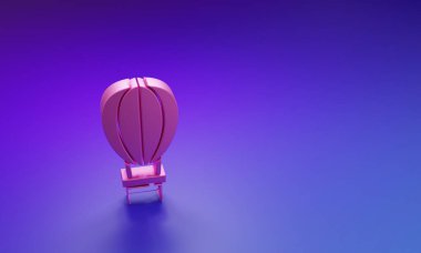 Pembe Sıcak Hava Balonu ikonu mor-mavi arka planda izole edilmiş. Seyahat için hava taşımacılığı. Minimalizm kavramı. 3 Boyutlu resimleme.