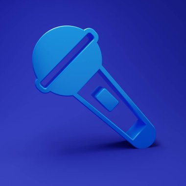 Mavi Mikrofon simgesi mavi arkaplanda izole edildi. Radyodaki mikrofondan. Sözcü işareti. Minimalizm kavramı. 3 Boyutlu resimleme.