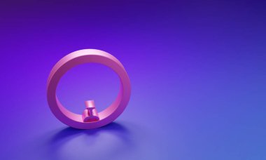 Mor-mavi arka planda izole edilmiş pembe bisiklet tekerleği simgesi. Bisiklet yarışı. Tekerlek havası. Spor malzemeleri. Minimalizm kavramı. 3 Boyutlu resimleme.