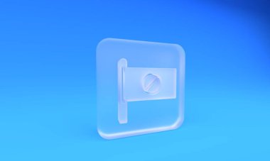 Mavi arka planda izole edilmiş buzlu cam protesto simgesi. Toplantı, protestocu, grev, konuşma, pankart, protesto pankartı, dilekçe, lider, broşür. Kare buzlu cam düğme. 3 Boyutlu resimleme.