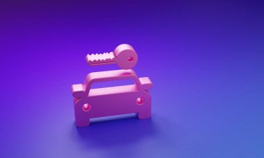 Mor-mavi arka planda pembe araba kiralama ikonu var. Araba tabelası kirala. Anahtarlı araba. Otomobil tamir servisi konsepti, yedek parça mağazası. Minimalizm kavramı. 3 Boyutlu resimleme.