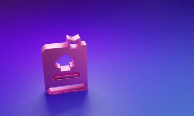 Mor-mavi arkaplanda izole edilmiş Pembe Yemek Kitabı simgesi. Yemek kitabı ikonu. Yemek tarifi kitabı. Çatal ve bıçak ikonları. Çatal bıçak sembolü. Minimalizm kavramı. 3 Boyutlu resimleme.