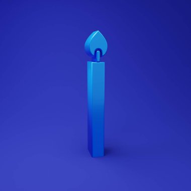 Mavi yanan mum simgesi mavi arkaplanda izole edildi. Silindirik mum çubuğu ve yanan ateş. Minimalizm kavramı. 3 Boyutlu resimleme.