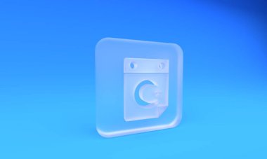 Buzlu cam yıldız ve hilal - mavi arka planda izole edilmiş İslam ikonunun sembolü. Din sembolü. Kare buzlu cam düğme. 3 Boyutlu resimleme.