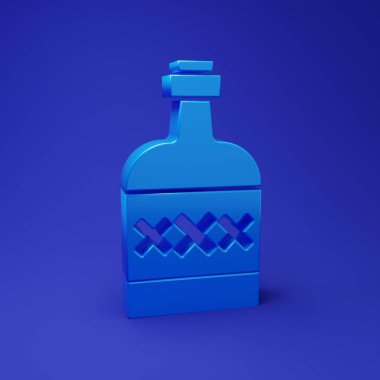 Mavi tekila şişesi ikonu mavi arka planda izole edilmiş. Meksika alkolü. Minimalizm kavramı. 3 Boyutlu resimleme.