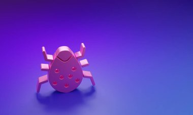Mor-mavi arkaplanda izole edilmiş pembe sistem hata konsepti simgesi. Kod hatası konsepti. Sistemde hata var. Böcek araması. Minimalizm kavramı. 3 Boyutlu resimleme.