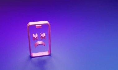 Mor-mavi arka planda izole edilmiş Pembe Ölü mobil simgesi. Ölen dijital cihaz emojisi sembolü. Ceset akıllı telefonu yüz duygusunu gösteriyor. Minimalizm kavramı. 3 Boyutlu resimleme.
