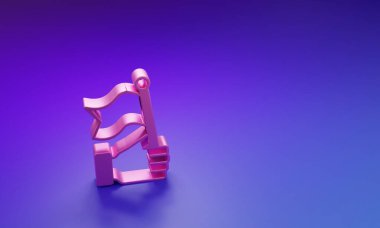 Pembe El, mor-mavi arkaplanda izole edilmiş bayrak ikonu tutuyor. Zafer, kazanmak ve zorluk konseptini fethetmek. Minimalizm kavramı. 3 Boyutlu resimleme.