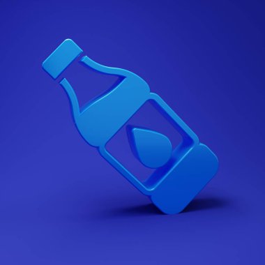 Mavi arka planda izole edilmiş mavi bir su ikonu şişesi. Soda su içme tabelası. Minimalizm kavramı. 3 Boyutlu resimleme.