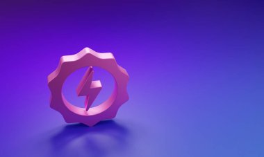 Mor-mavi arkaplanda izole edilmiş pembe şimşek simgesi. Flaş işareti. Flaş ikonunu yükle. Gök gürültüsü. Yıldırım çarpması. Minimalizm kavramı. 3 Boyutlu resimleme.