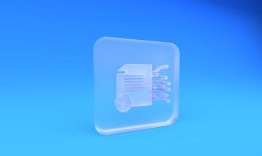 Buzlu cam. Akıllı sözleşme ikonu mavi arka planda izole edilmiş. Engelleme teknolojisi, kripto para madenciliği, bitcoin, altsikkeler, dijital para piyasası. Kare buzlu cam düğme. 3 Boyutlu resimleme.