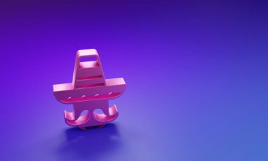 Mor-mavi arka planda izole edilmiş sombrero ikonu giyen pembe Meksikalı adam. Bıyıklı İspanyol adam. Minimalizm kavramı. 3 Boyutlu resimleme.