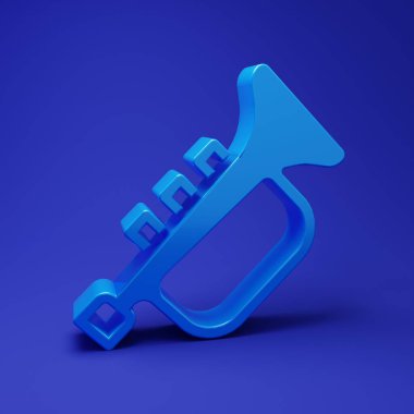 Mavi enstrümanlı trompet ikonu mavi arka planda izole edildi. Minimalizm kavramı. 3 Boyutlu resimleme.