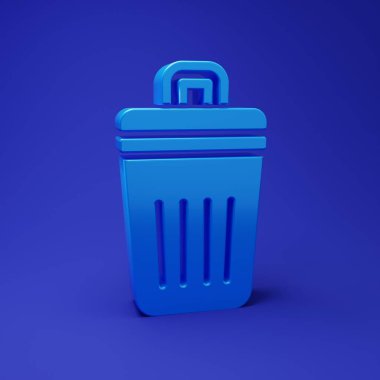Mavi Çöp Kutusu simgesi mavi arkaplanda izole edildi. Çöp kutusu tabelası. Sepet simgesini geri dönüştür. Ofis çöpü ikonu. Minimalizm kavramı. 3 Boyutlu resimleme.