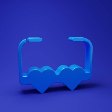 Mavi Kalp şekilli aşk gözlüğü ikonu mavi arka planda izole edilmiş. Sevgililer Günü kartı tasarımı için uygun. Minimalizm kavramı. 3 Boyutlu resimleme.