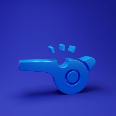 Mavi Düdük simgesi mavi arkaplanda izole edildi. Hakem sembolü. Spor ve spor burcu. Minimalizm kavramı. 3 Boyutlu resimleme.