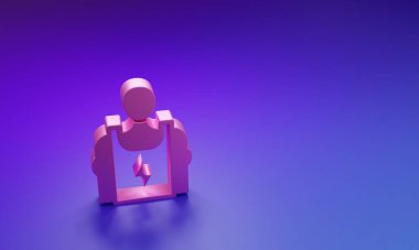 Pembe vücut geliştirici, mor-mavi arka planda izole edilmiş kas simgesini gösteriyor. Formda kalmak, güçlü sağlık hobisi kavramı. Minimalizm kavramı. 3 Boyutlu resimleme.