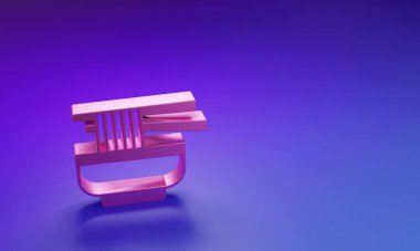 Mor-mavi arka planda izole edilmiş erişte ikonlu pembe Ramen çorba kasesi. Bir kase geleneksel Asya erişte çorbası. Minimalizm kavramı. 3 Boyutlu resimleme.