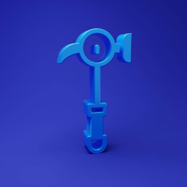 Mavi çekiç simgesi mavi arkaplanda izole edildi. Tamir için bir araç. Minimalizm kavramı. 3 Boyutlu resimleme.