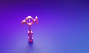 Mor-mavi arkaplanda izole edilmiş pembe çekiç simgesi. Tamir için bir araç. Minimalizm kavramı. 3 Boyutlu resimleme.