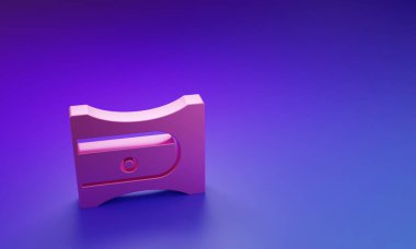 Mor-mavi arkaplanda izole edilmiş pembe kalem açacağı simgesi. Minimalizm kavramı. 3 Boyutlu resimleme.