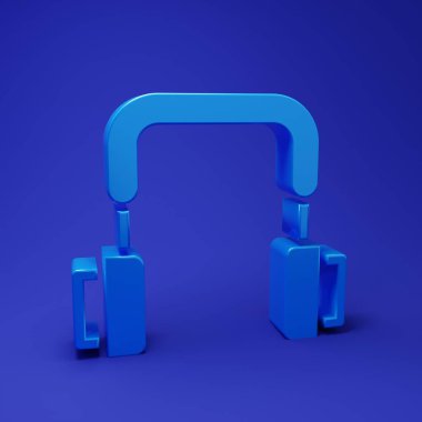 Mavi kulaklık simgesi mavi arkaplanda izole edildi. Kulaklıklar. Müzik, hizmet, iletişim ve operatör konsepti. Minimalizm kavramı. 3 Boyutlu resimleme.