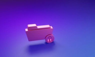 Pembe Dizin ve kilit simgesi mor-mavi arkaplanda izole edildi. Kapalı dosya ve asma kilit. Güvenlik, güvenlik, koruma kavramı. Minimalizm kavramı. 3 Boyutlu resimleme.