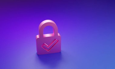 Pembe Açık asma kilit ve mor-mavi arkaplanda izole edilmiş işaret simgesi. Siber güvenlik kavramı. Dijital veri koruması. Güvenlik kilidi. Minimalizm kavramı. 3 Boyutlu resimleme.