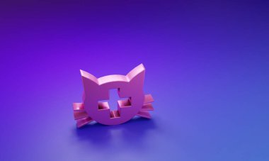 Mor-mavi arka planda izole edilmiş pembe veteriner kliniği sembolü. Kedi veterinerliği ile karşılaştır. Evcil hayvan ilk yardım işareti. Minimalizm kavramı. 3 Boyutlu resimleme.