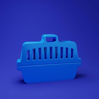 Mavi evcil hayvan çantası simgesi mavi arka planda izole edildi. Hayvanlar, köpekler ve kediler için taşıyıcı. Hayvanlar için konteynır. Hayvan taşıma kutusu. Minimalizm kavramı. 3 Boyutlu resimleme.