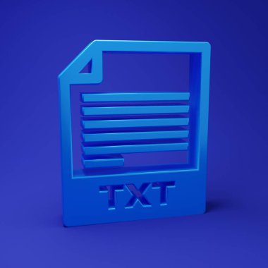 Mavi TXT dosya belgesi. Mavi arkaplanda txt düğmesi simgesi indir. Metin dosya uzantısı sembolü. Minimalizm kavramı. 3 Boyutlu resimleme.