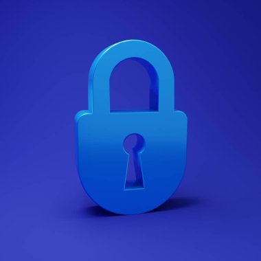 Mavi Kilit simgesi mavi arkaplanda izole edildi. Asma kilit işareti. Güvenlik, güvenlik, koruma, gizlilik kavramı. Minimalizm kavramı. 3 Boyutlu resimleme.