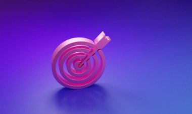 Mor-mavi arka planda izole edilmiş ok ikonlu pembe hedef. Dart tahtası işareti. Okçuluk tahtası simgesi. Dartboard işareti. İş hedefi kavramı. Minimalizm kavramı. 3 Boyutlu resimleme.
