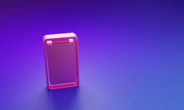 Pembe Akıllı Telefon, mor-mavi arka planda izole edilmiş bir cep telefonu simgesi. Minimalizm kavramı. 3 Boyutlu resimleme.