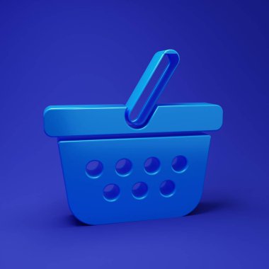 Mavi alışveriş sepeti simgesi mavi arkaplanda izole edildi. İnternetten satın alma konsepti. Servis tabelası. Alışveriş arabası sembolü. Minimalizm kavramı. 3 Boyutlu resimleme.