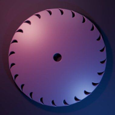 Mor dairesel testere bıçağı ikonu mor-mavi arkaplanda izole edilmiş. Testere tekerleği. Minimalizm kavramı. 3 Boyutlu resimleme.