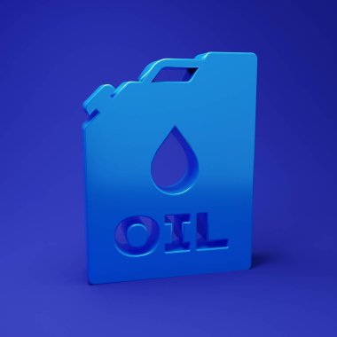 Mavi arka planda izole edilmiş motor makine yağı ikonu için mavi plastik kutu. Benzin bidonu. Yağ değiştirme ve onarım servisi. Motor yağı işareti. Minimalizm kavramı. 3 Boyutlu resimleme.