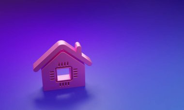 Pembe Akıllı ev simgesi mor-mavi arka planda izole edildi. Uzaktan kumanda. Minimalizm kavramı. 3 Boyutlu resimleme.
