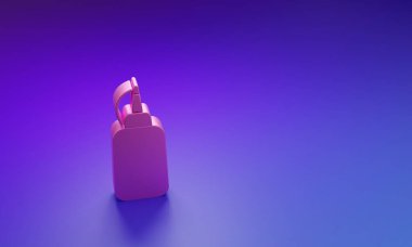 Mor-mavi arka planda izole edilmiş pembe hardal şişesi ikonu. Minimalizm kavramı. 3 Boyutlu resimleme.