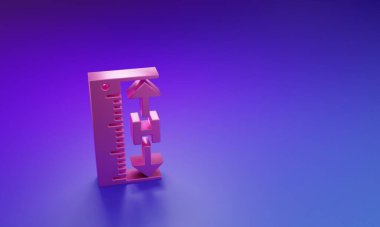 Pembe Ölçüm boy ve uzunluk simgesi mor-mavi arkaplanda izole edilmiş. Cetvel, düzlük, ölçek sembolü. Minimalizm kavramı. 3 Boyutlu resimleme.