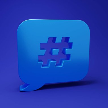 Mavi Hashtag konuşma balonu simgesi mavi arkaplanda izole edildi. Sayı işareti kavramı, sosyal medya pazarlaması, mikro blog yazma. Minimalizm kavramı. 3 Boyutlu resimleme.