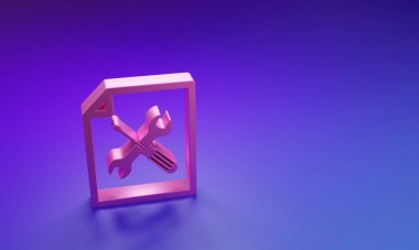 Mor-mavi arkaplanda izole edilmiş tornavida ve anahtar simgesine sahip Pembe Dosya belgesi. Ayarlama, servis, ayar, bakım, onarım, onarım. Minimalizm kavramı. 3 Boyutlu resimleme.